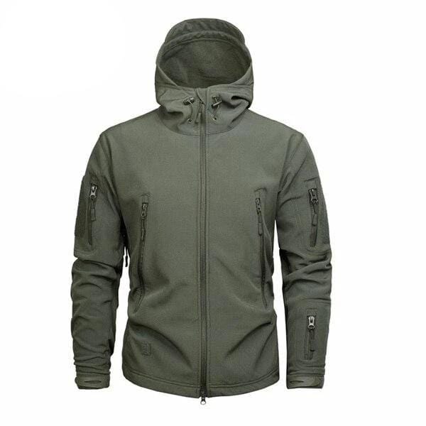 Back view of a Men's Outdoor Insulated Jacket with adjustable hood, showing durable outdoor gear construction