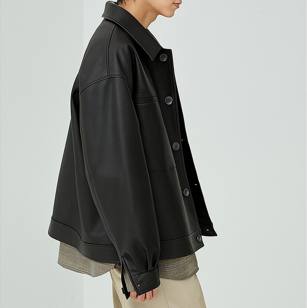 Stylish men's oversized faux leather jacket, available in brown and black, ideal for fashion-forward casual wear