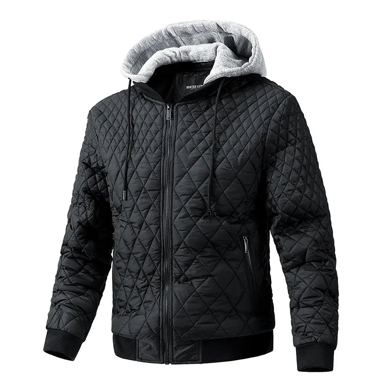 Men's padded utility jacket in olive green with multiple pockets and a stand-up collar, perfect for winter