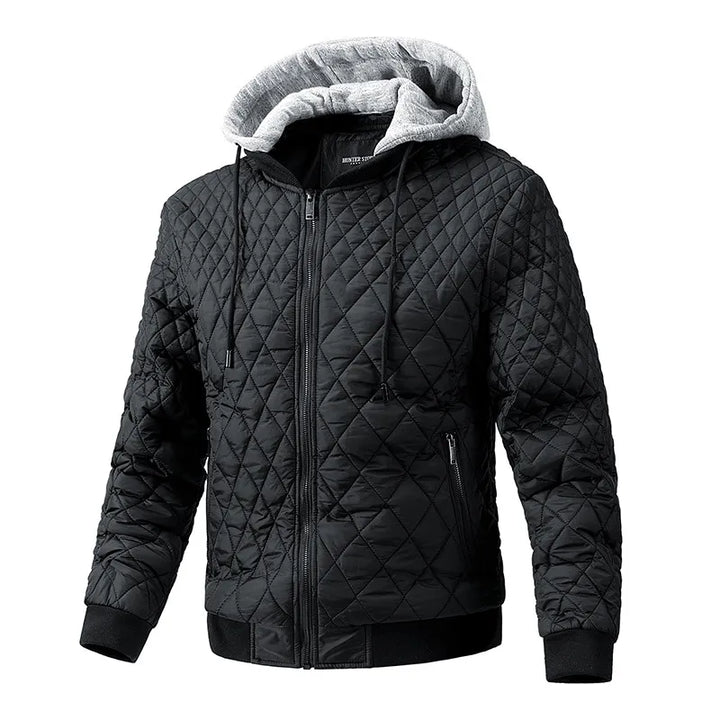 Men's padded utility jacket in olive green with multiple pockets and a stand-up collar, perfect for winter
