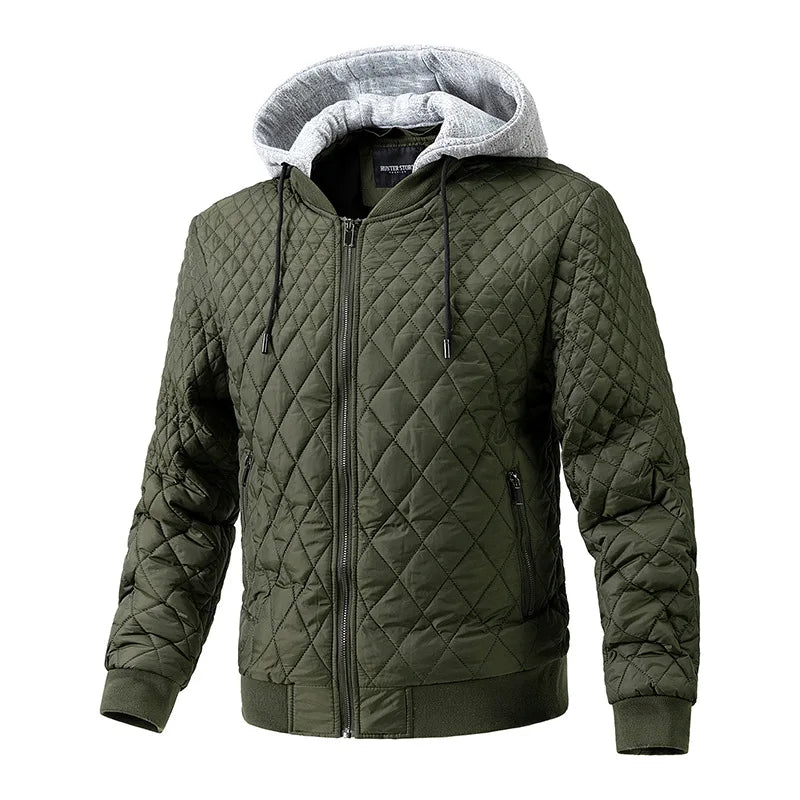 Man wearing a men's padded utility jacket, demonstrating its fit and style for everyday winter comfort