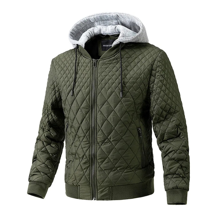 Man wearing a men's padded utility jacket, demonstrating its fit and style for everyday winter comfort