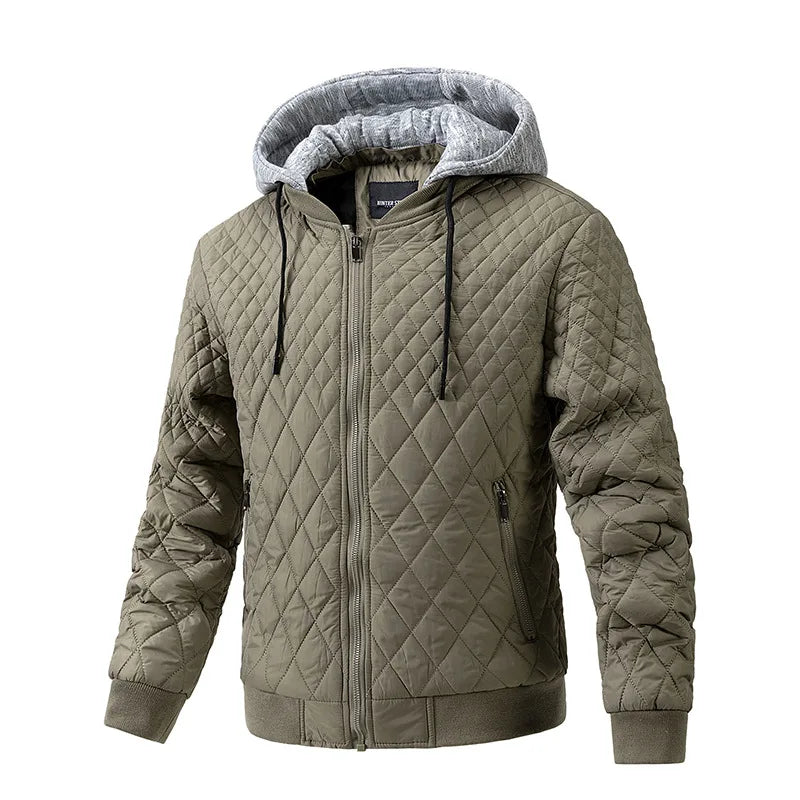 Detail of the insulated lining within a men's padded utility jacket, emphasizing its winter warmth and comfort