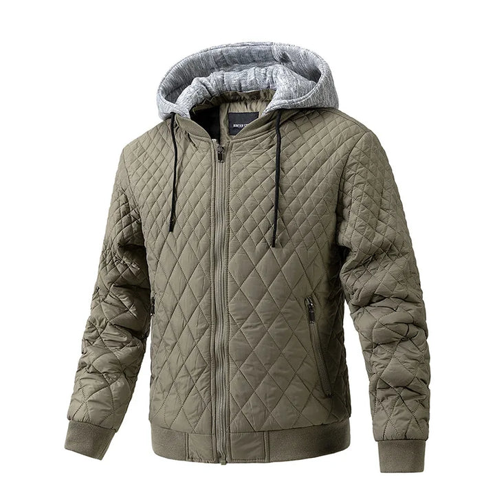 Detail of the insulated lining within a men's padded utility jacket, emphasizing its winter warmth and comfort