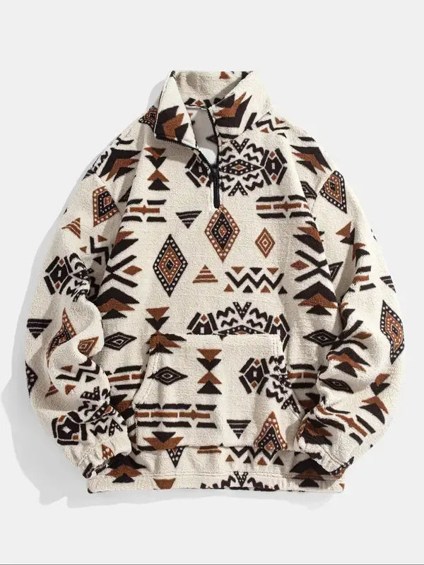 Men's patterned fleece pullover jacket with half-zip closure, perfect for casual warm outerwear
