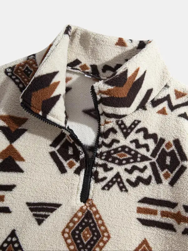 Warm men's patterned fleece pullover jacket with half-zip, excellent for layering and casual wear