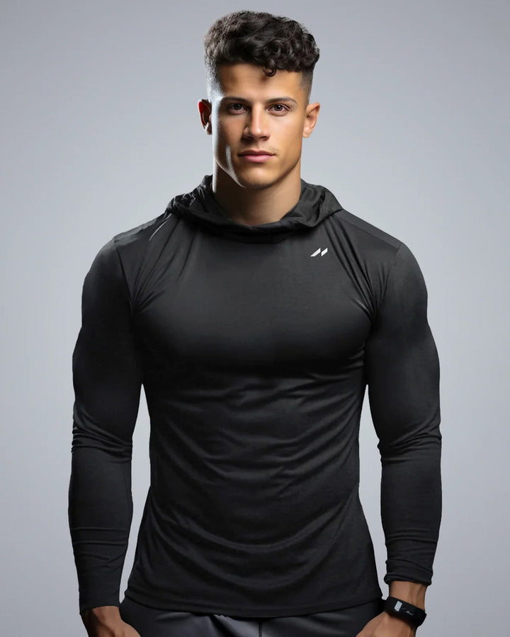 Men's Performance Baselayer Hoodie, black, front view, athletic fit, for gym wear & running