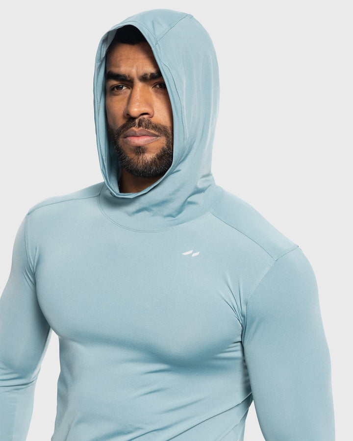 Side view of a red men's baselayer hoodie, stretch fabric, perfect for athletic activities