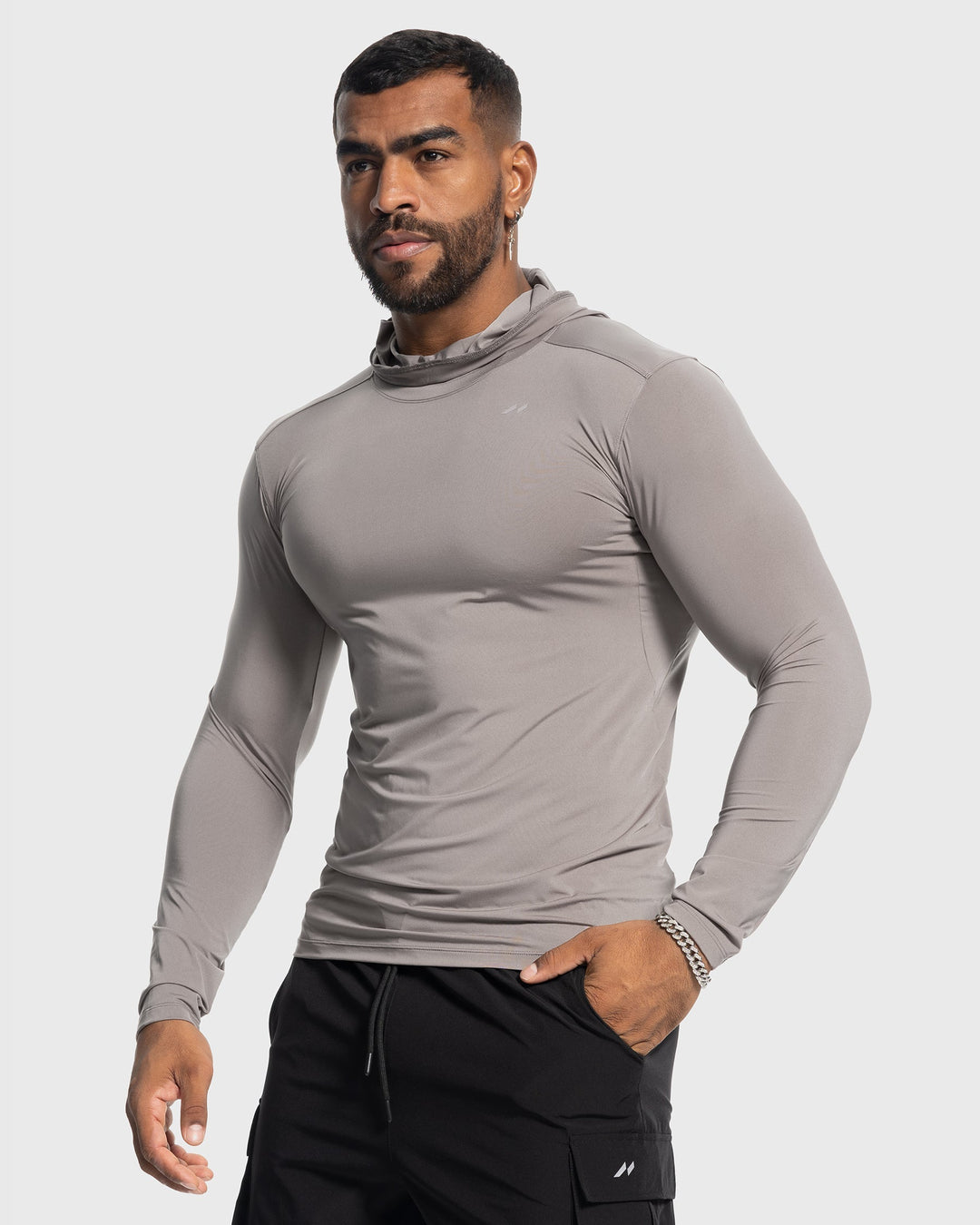 Men's black baselayer hoodie, side profile, stretch fabric, ideal for active men's sports
