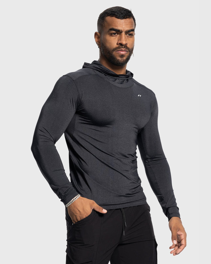 Men's activewear baselayer hoodie, navy blue, featuring ergonomic design for athletic top
