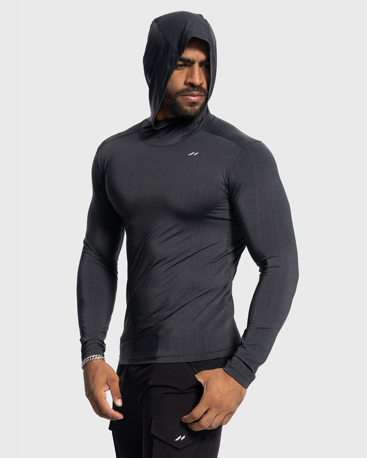 Detail of hood and drawstrings on a men's performance hoodie, functional and stylish