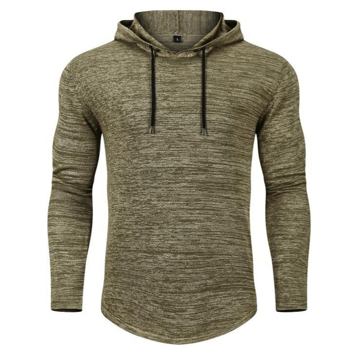 Casual grey men's hoodie, tapered fit, performance workout top, durable gym clothing