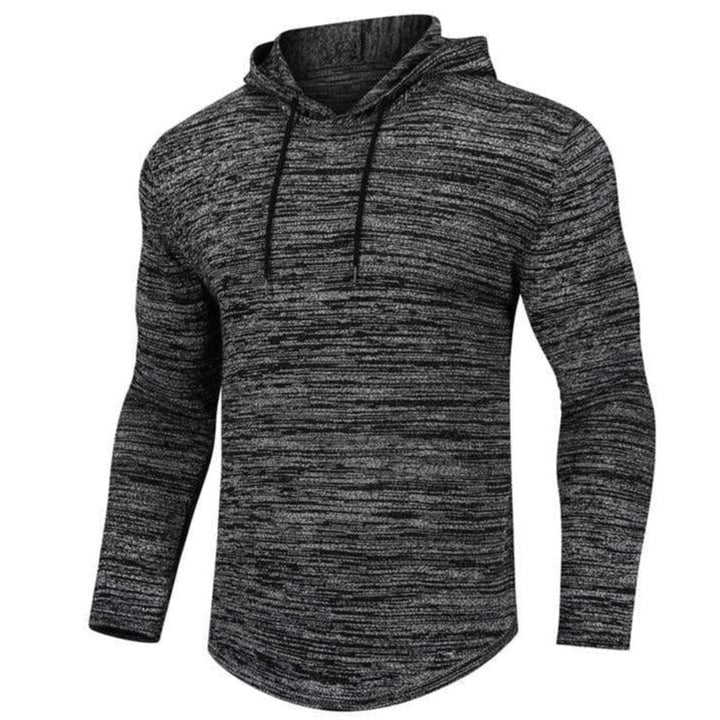 Black men's tapered fit hoodie, premium cotton blend, performance workout apparel for gym