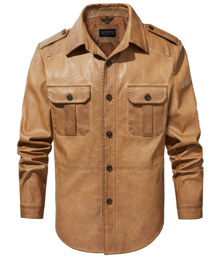 Close-up of Men's Pioneer PU Leather Jacket texture, showcasing rugged and classic style outerwear
