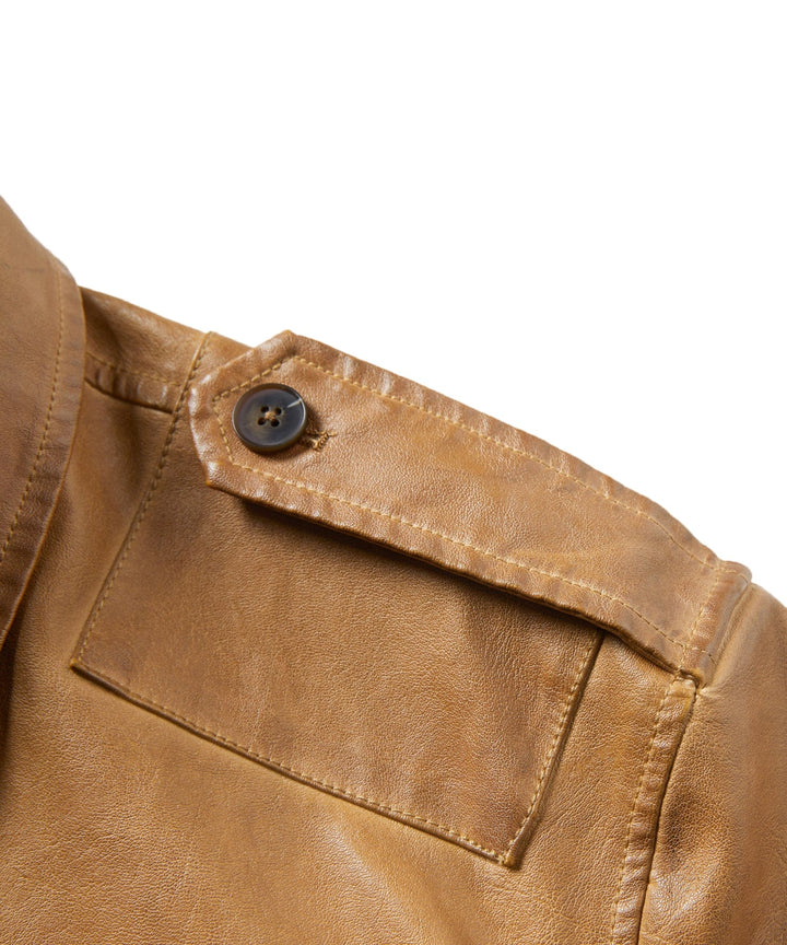 Back view of Men's Pioneer PU Leather Jacket, highlighting its field jacket design and rugged mens fashion