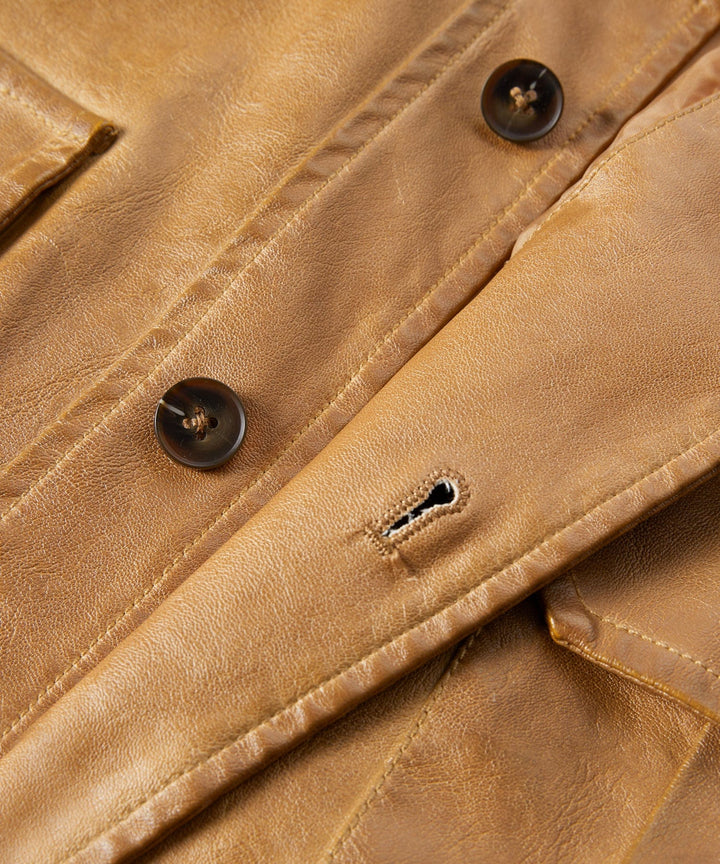 Men's Pioneer PU Leather Jacket displayed flat, showcasing its full design as rugged spring/fall outerwear