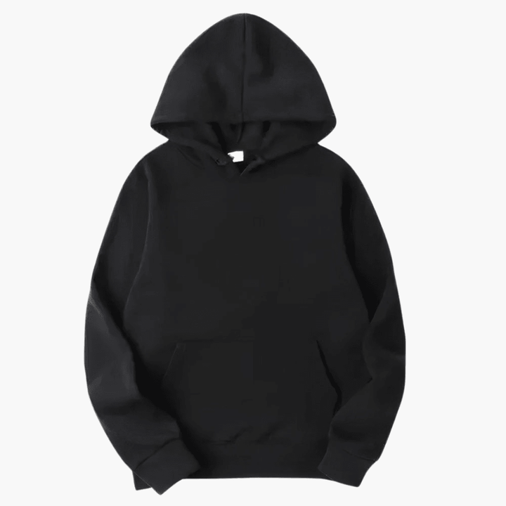Men's plain black long sleeve pullover hoodie for casual streetwear, comfortable athletic wear
