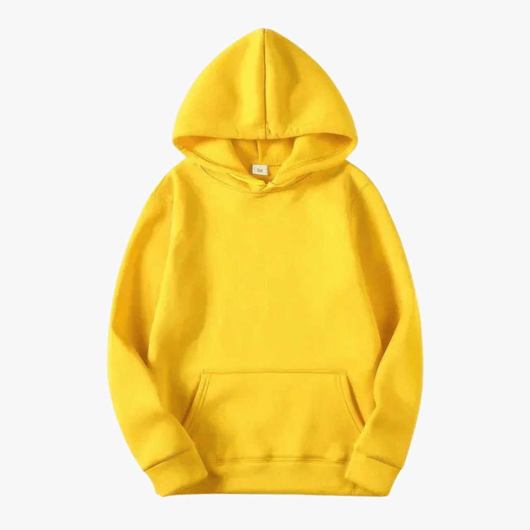Detail of the drawstring on a men's solid color long sleeve hoodie, casual comfort