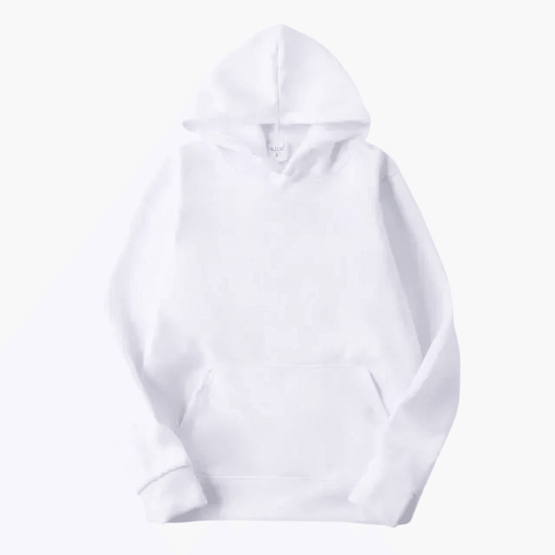 Relaxed fit men's solid white long sleeve hoodie, versatile basic for everyday comfort