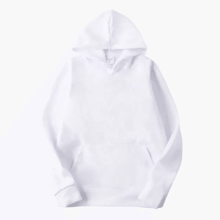 Relaxed fit men's solid white long sleeve hoodie, versatile basic for everyday comfort