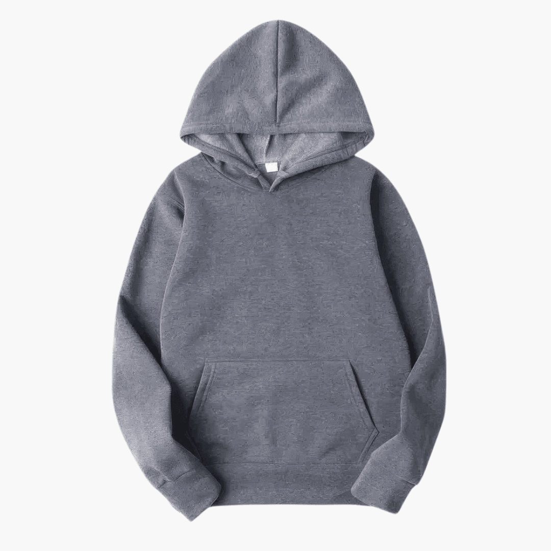 Close-up of the soft fabric of a men's solid color pullover hoodie, showing texture