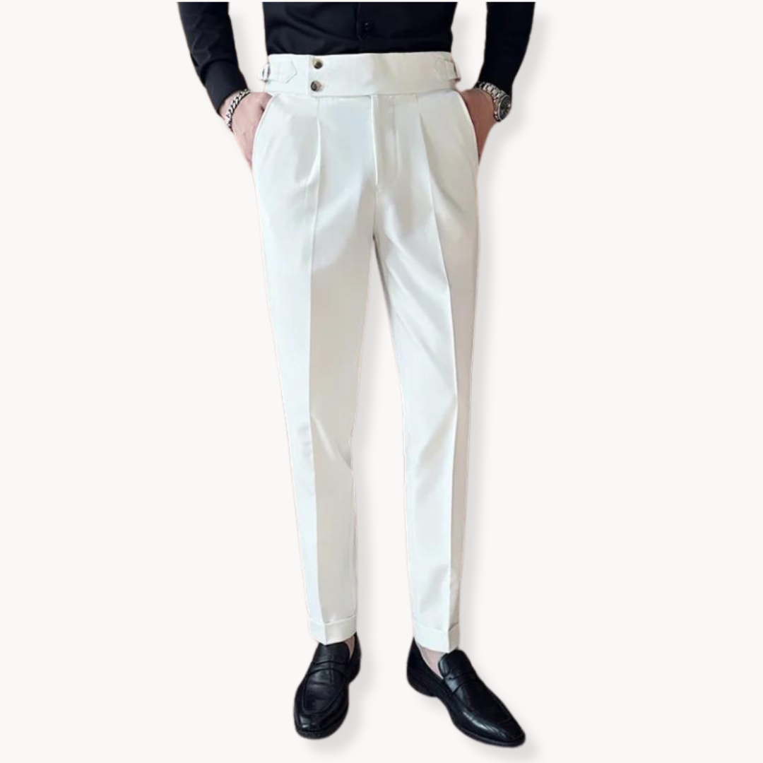 Formal men's dress pants, pleated Gurkha style, perfect for office or events. Smart casual tailored trousers.