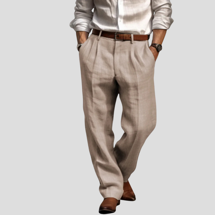 Lightweight men's linen pants, pleated for summer fashion. Breathable straight leg trousers for casual style.