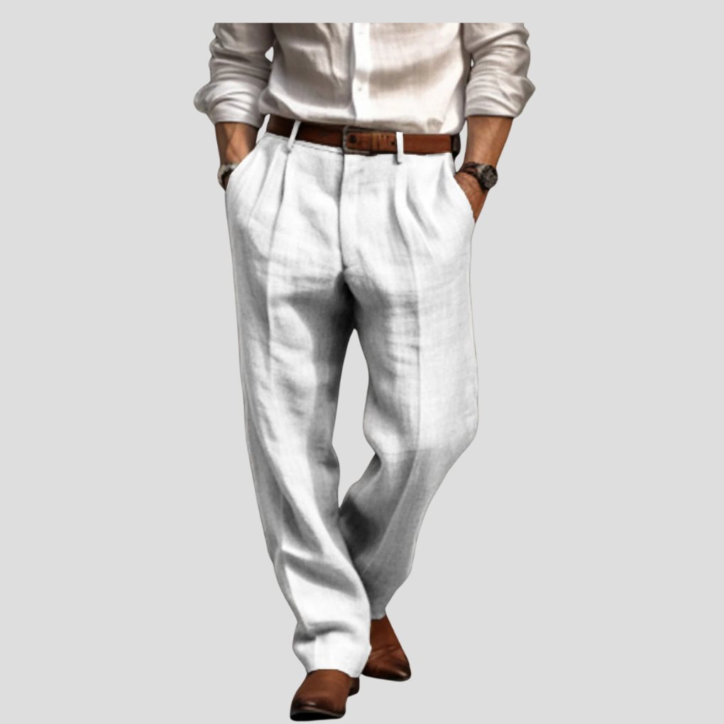 Breathable men's linen trousers with a pleated front and straight leg, ideal for relaxed summer fashion.