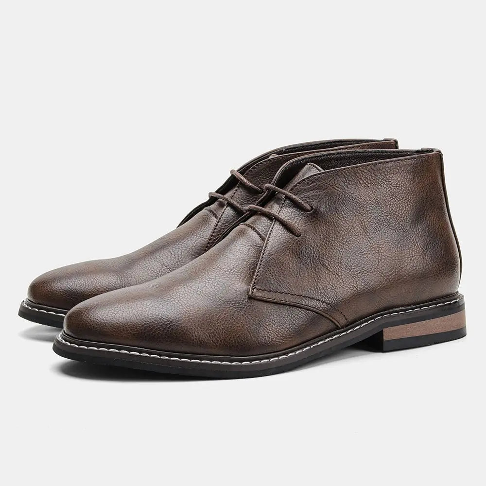 Men's polished black leather dress boots with lace-up front, suitable for formal occasions.