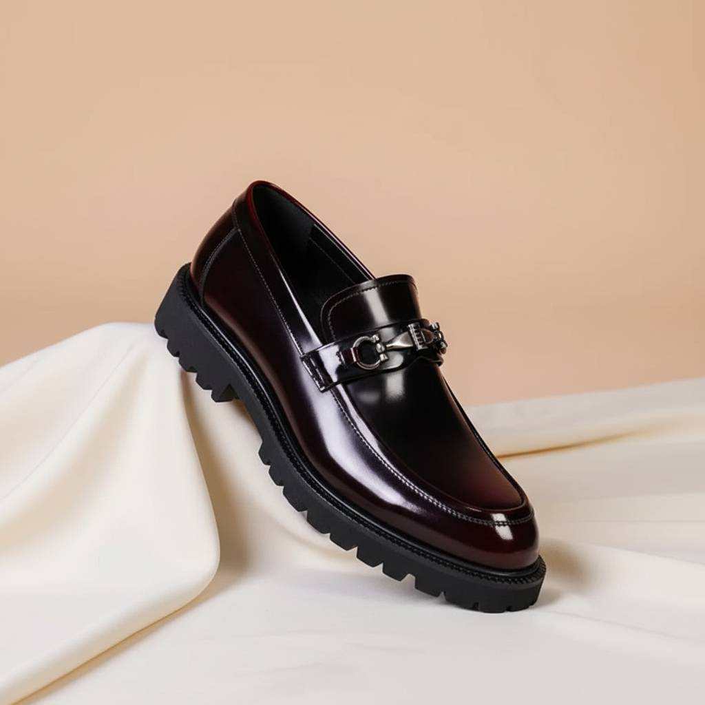 Men's polished black leather loafers with silver metal bit. Classic slip-on dress shoes for formal wear.