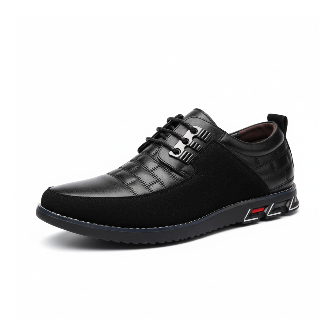 Close-up of men's sleek leather lace-up shoes, highlighting the polished finish and classic design.