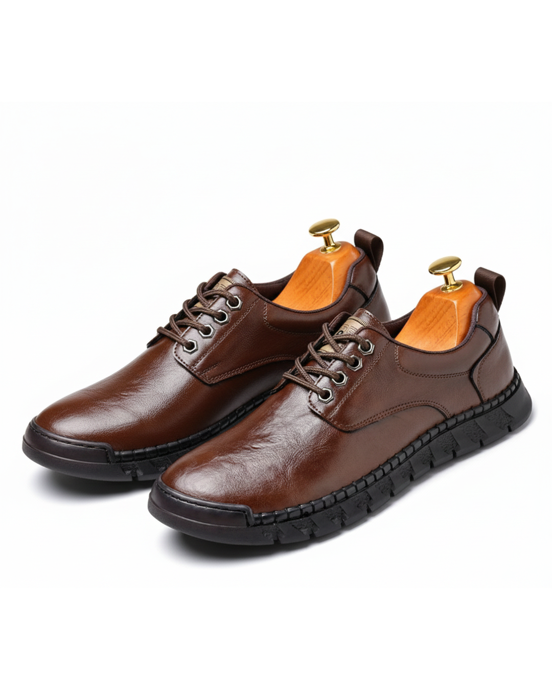 Men's polished black leather oxford dress shoes with hybrid sole for formal and business attire.