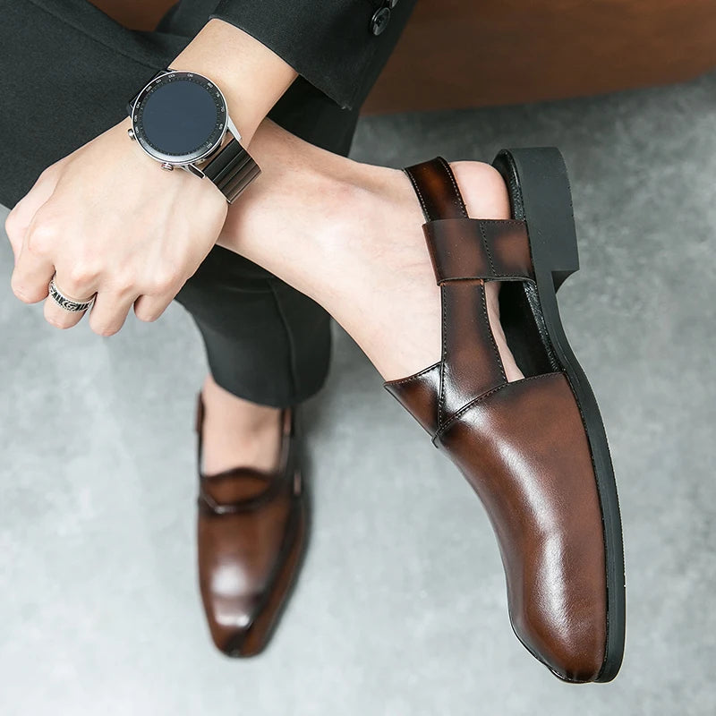 Stylish men's slingback loafers in black polished leather, perfect for dress or casual wear