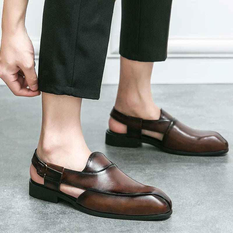 Top view of men's polished leather slingback loafers, sleek and comfortable slip-on shoes