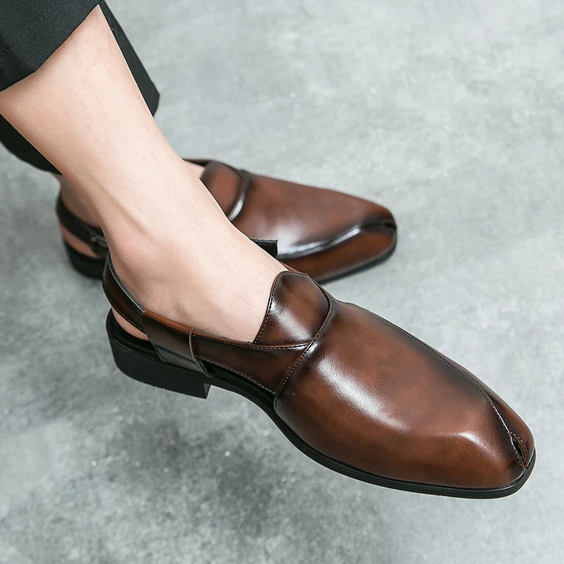 Side profile of a men's polished leather slingback loafer, sophisticated smart casual footwear