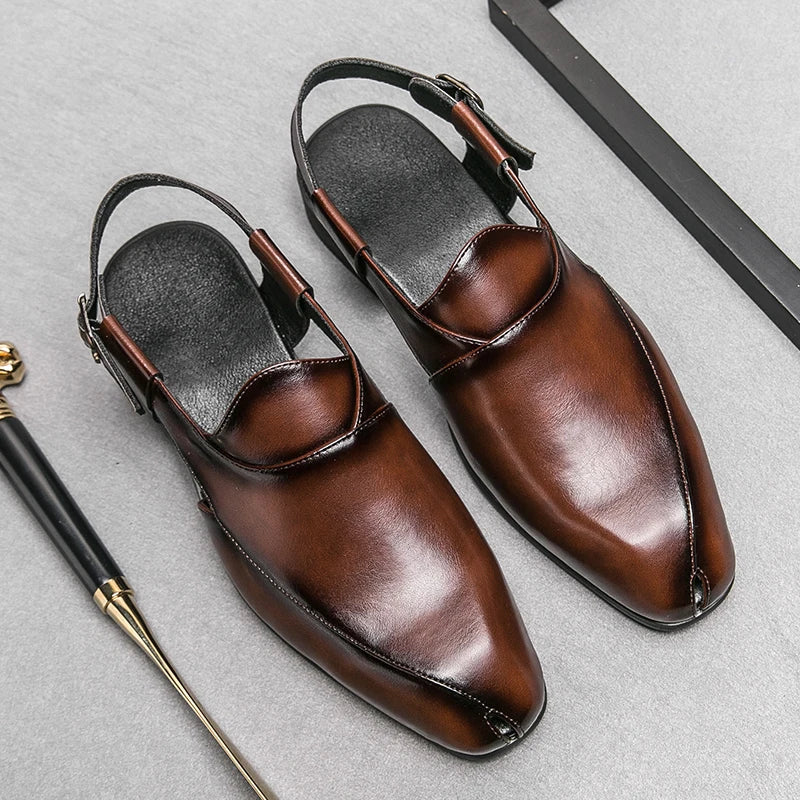 Detail shot of the slingback strap on a men's polished leather loafer, high-quality design