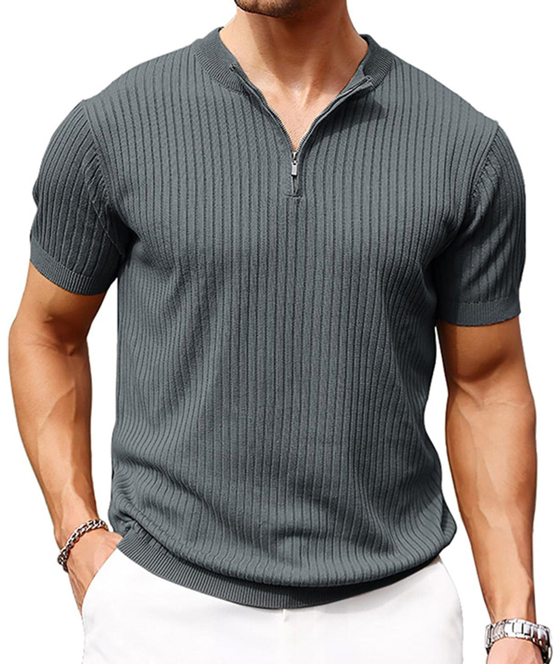 Zipper detail on a men's casual shirt, showing smooth closure; modern fit.