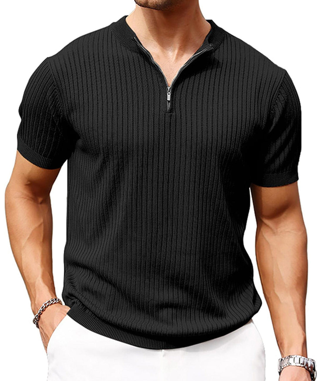 Men's zip-up shirt with subtle texture, polyester material; comfortable long sleeve.