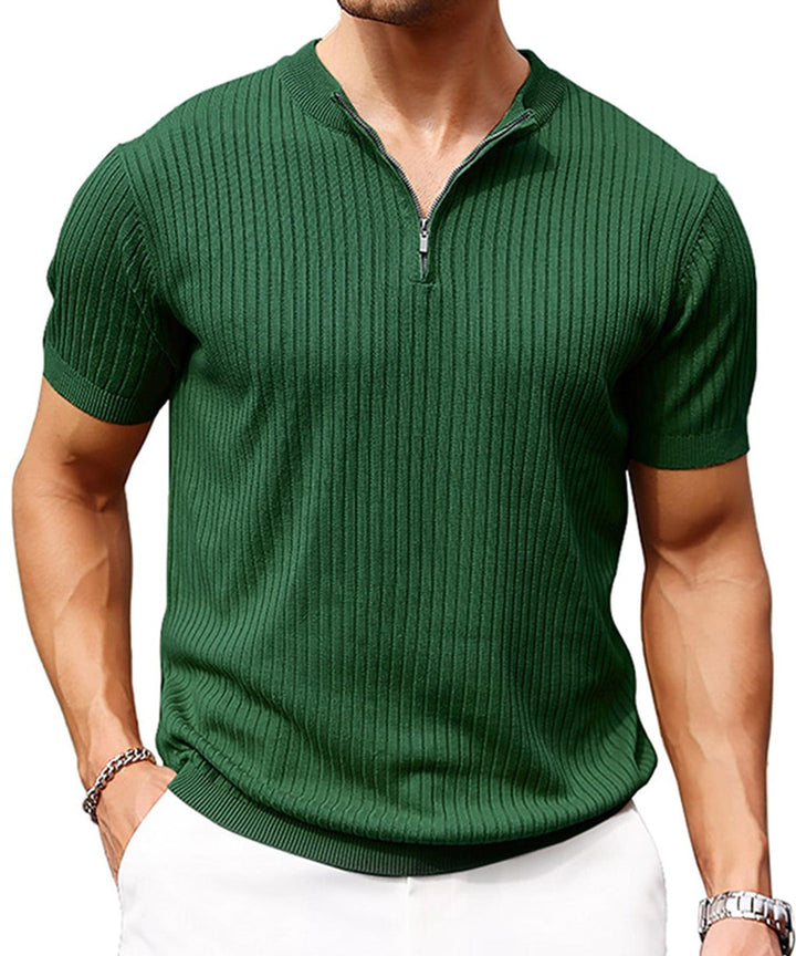 Men's casual outfit with a long sleeve zip-up shirt; versatile fashion choice.