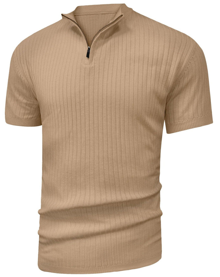Close-up of the zipper on a men's casual polyester zip-up shirt; quality men's fashion.