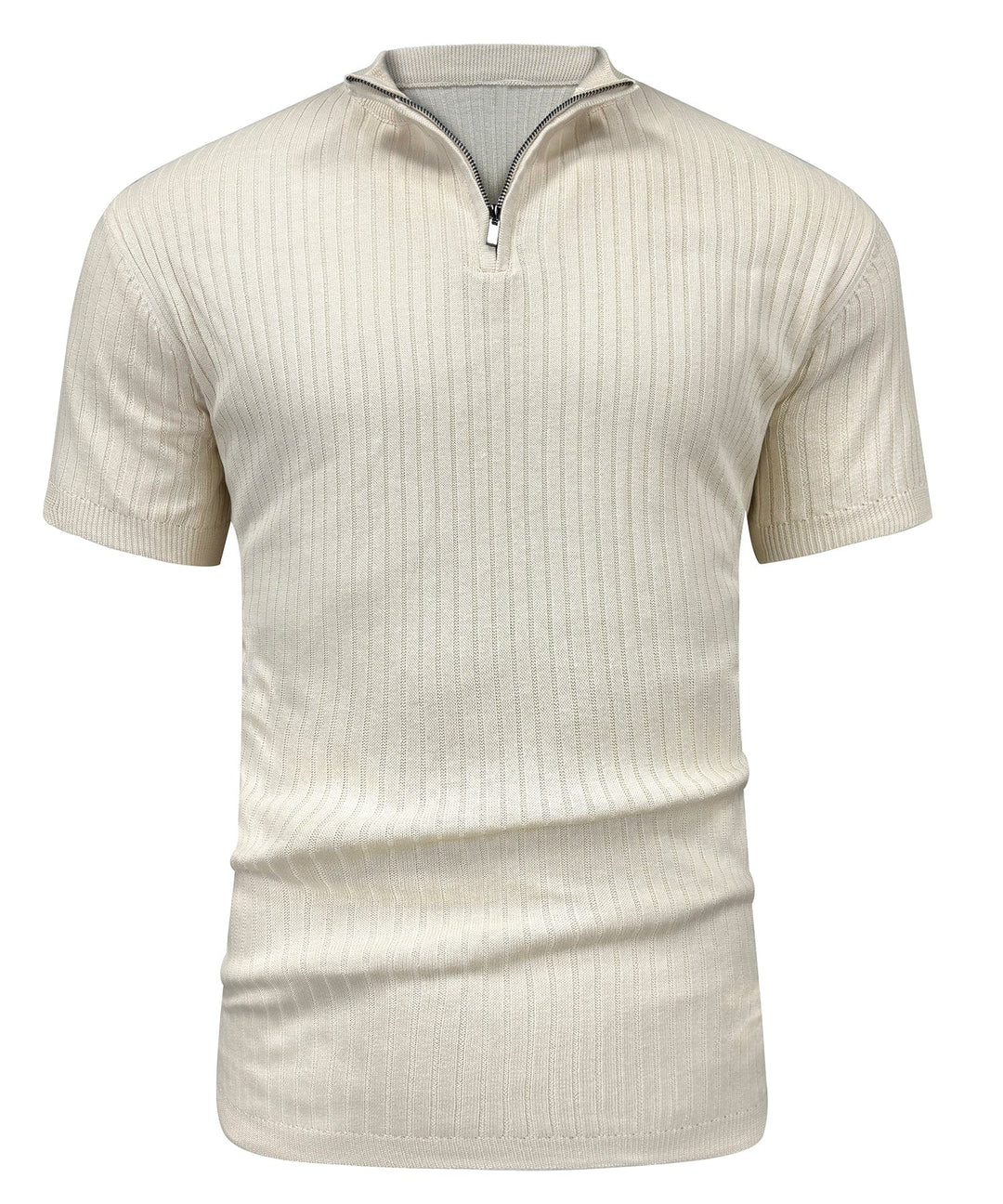 Men's zip-up casual shirt, laid flat, showcasing fabric texture; versatile polyester.
