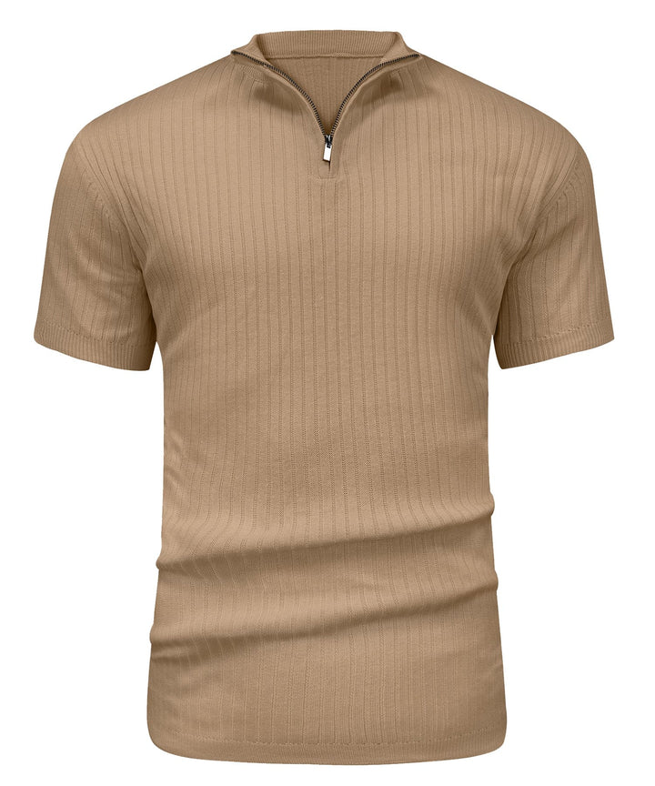 Young man wearing a modern fit zip-up casual shirt; stylish men's fashion.