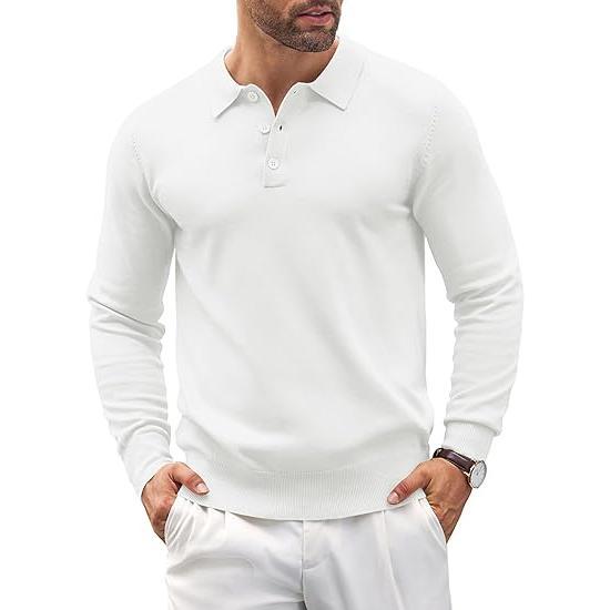 Front view of a men's premium long-sleeve knit polo sweater, offering comfort and style for fall fashion.