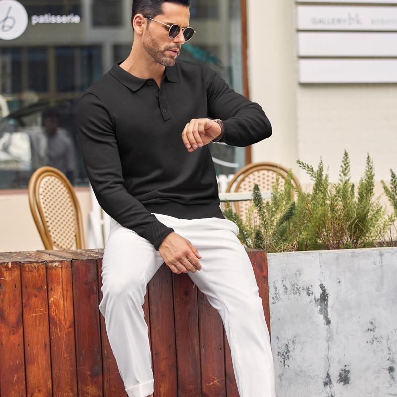 High-quality men's knit polo sweater in a comfortable cotton blend, a versatile addition to any wardrobe.