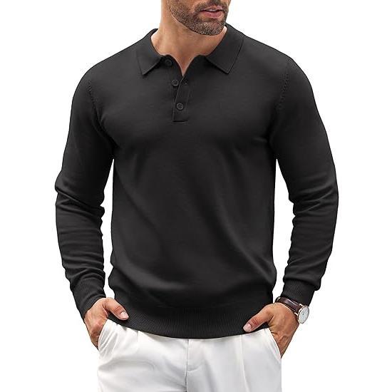 Men's premium blue knit polo sweater, long sleeve, cotton blend, ideal for smart casual wear