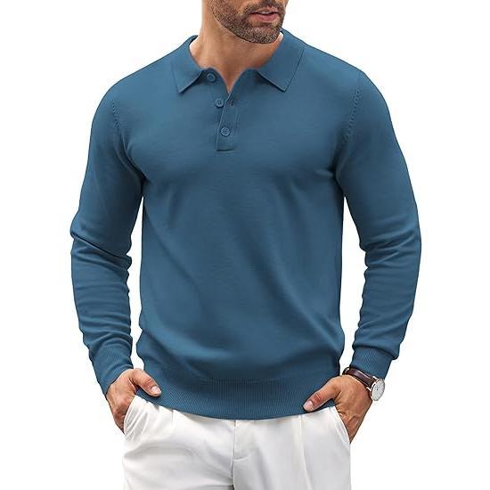 Close-up of men's knit polo sweater fabric, showcasing breathable cotton blend texture