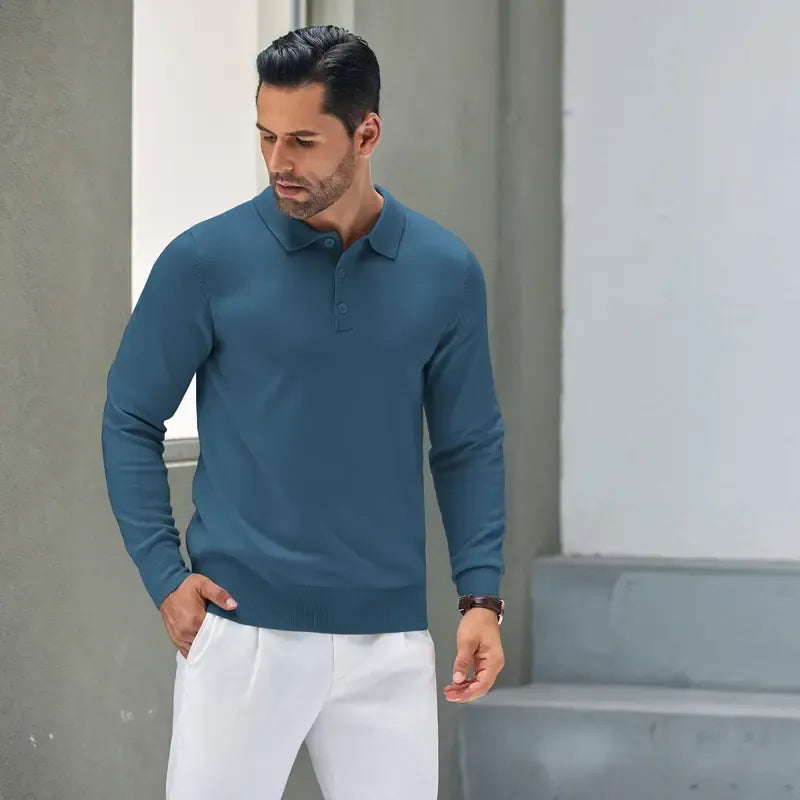 Breathable cotton blend men's long sleeve polo sweater, perfect for casual or smart casual styles