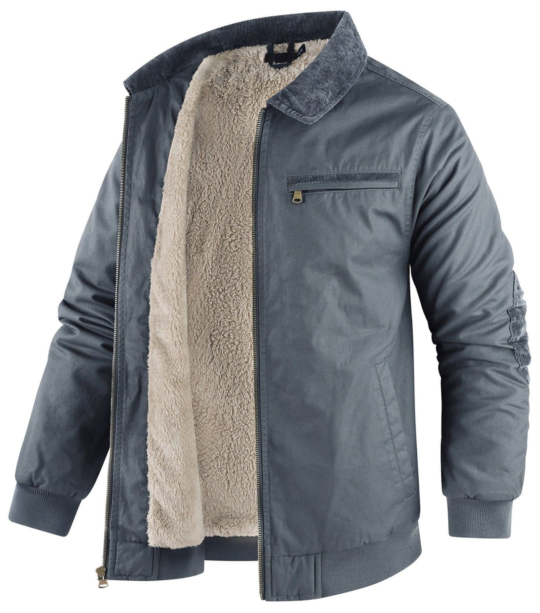 Front oblique view of a man's fashionable fleece-lined bomber jacket