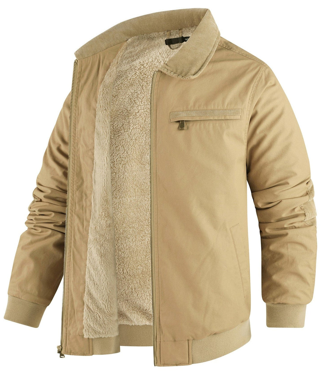 Men's outerwear collection: premium fleece-lined bomber jacket, khaki