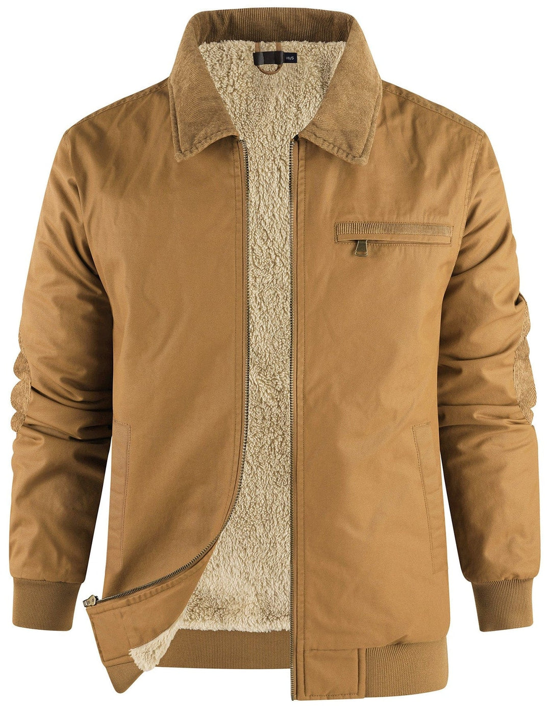 Close-up of the fleece lining inside a men's stylish bomber jacket
